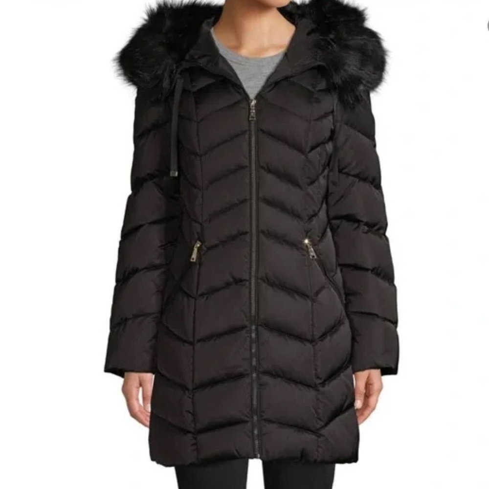 Tahari Faux Fur-Trim Chevron Puffer Down Coat